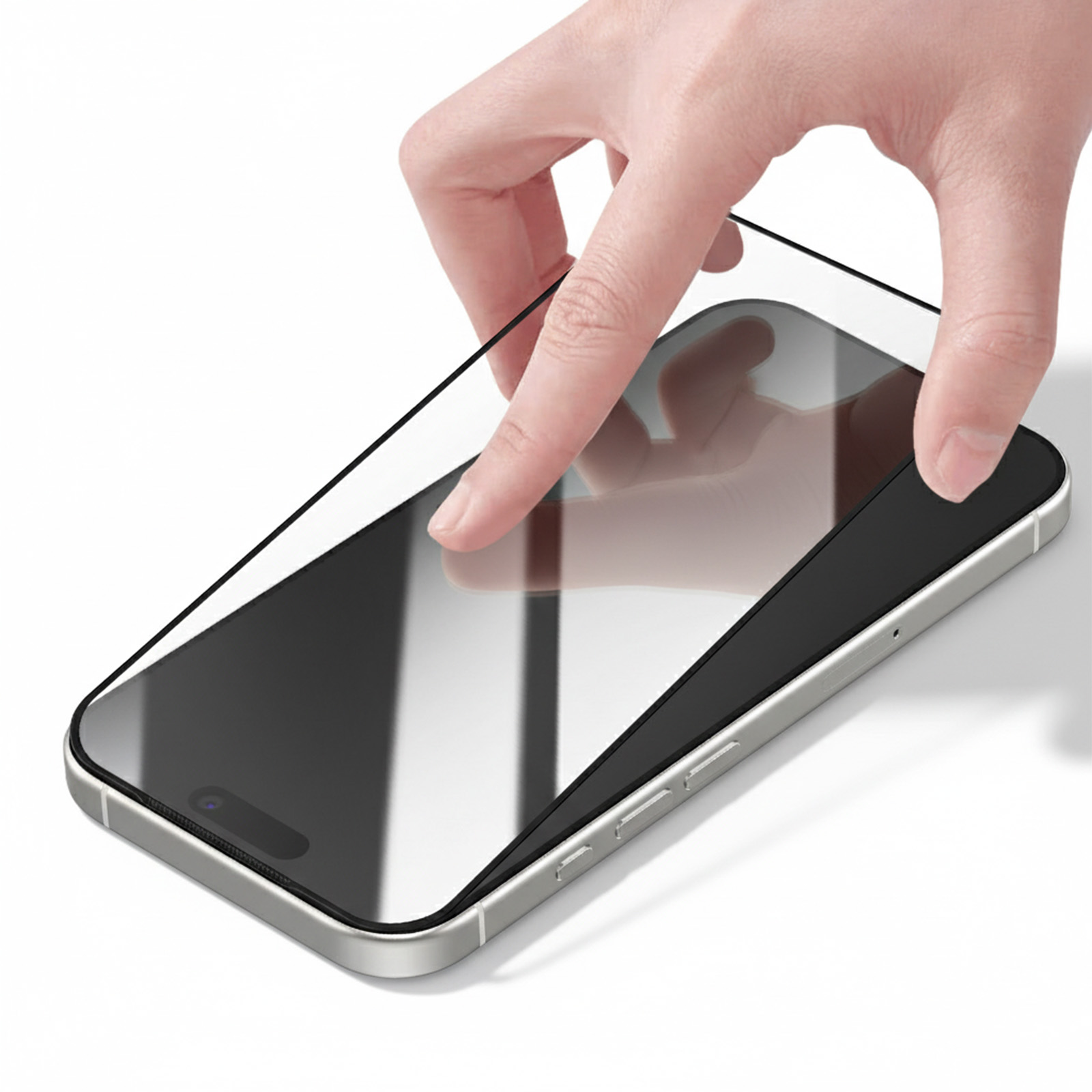 A hand is placing a screen protector on a smartphone. The phone is silver, the background is white.