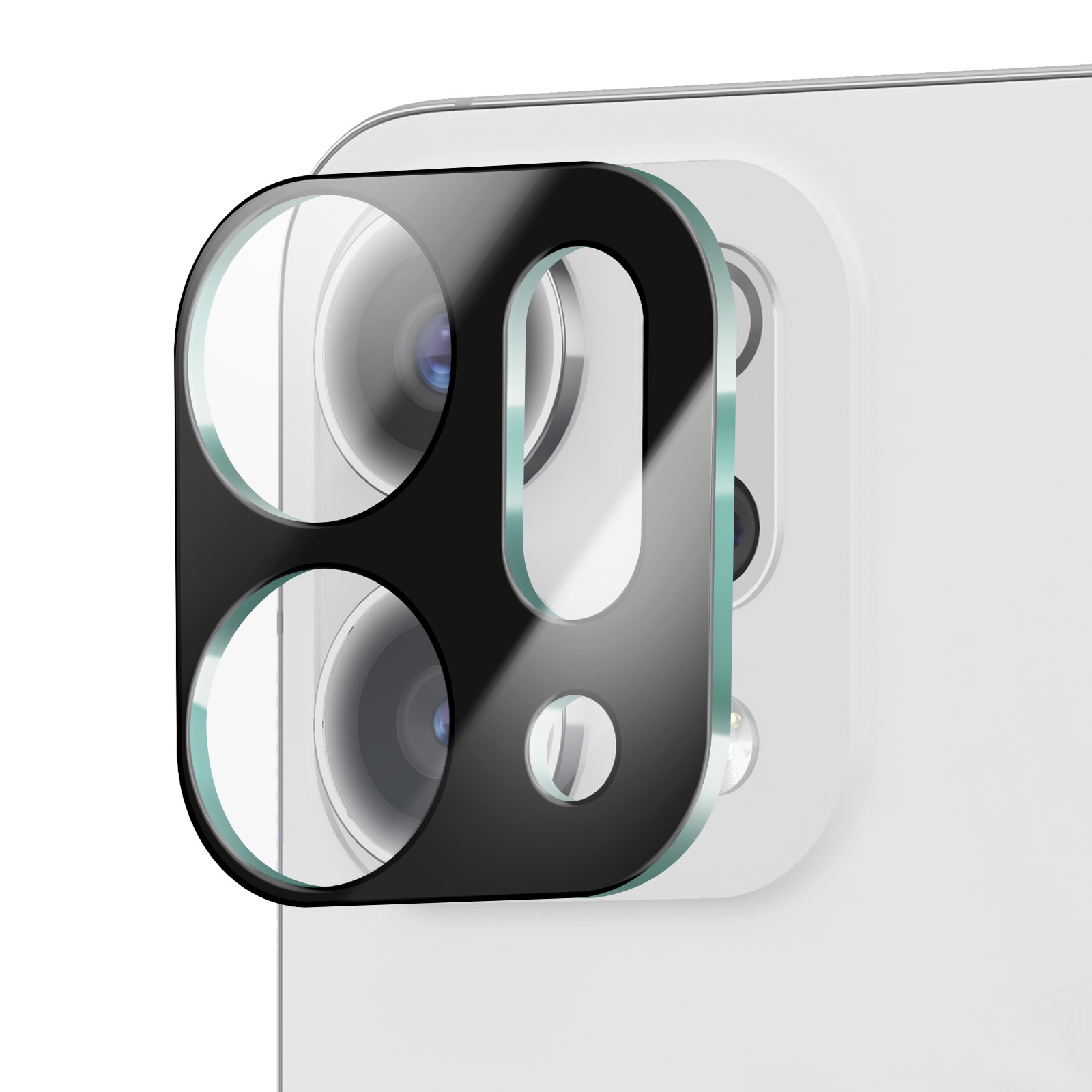 Close-up van een lensbeschermer van een telefooncamera. De beschermer is zwart met helder glas. De telefoon is wit.