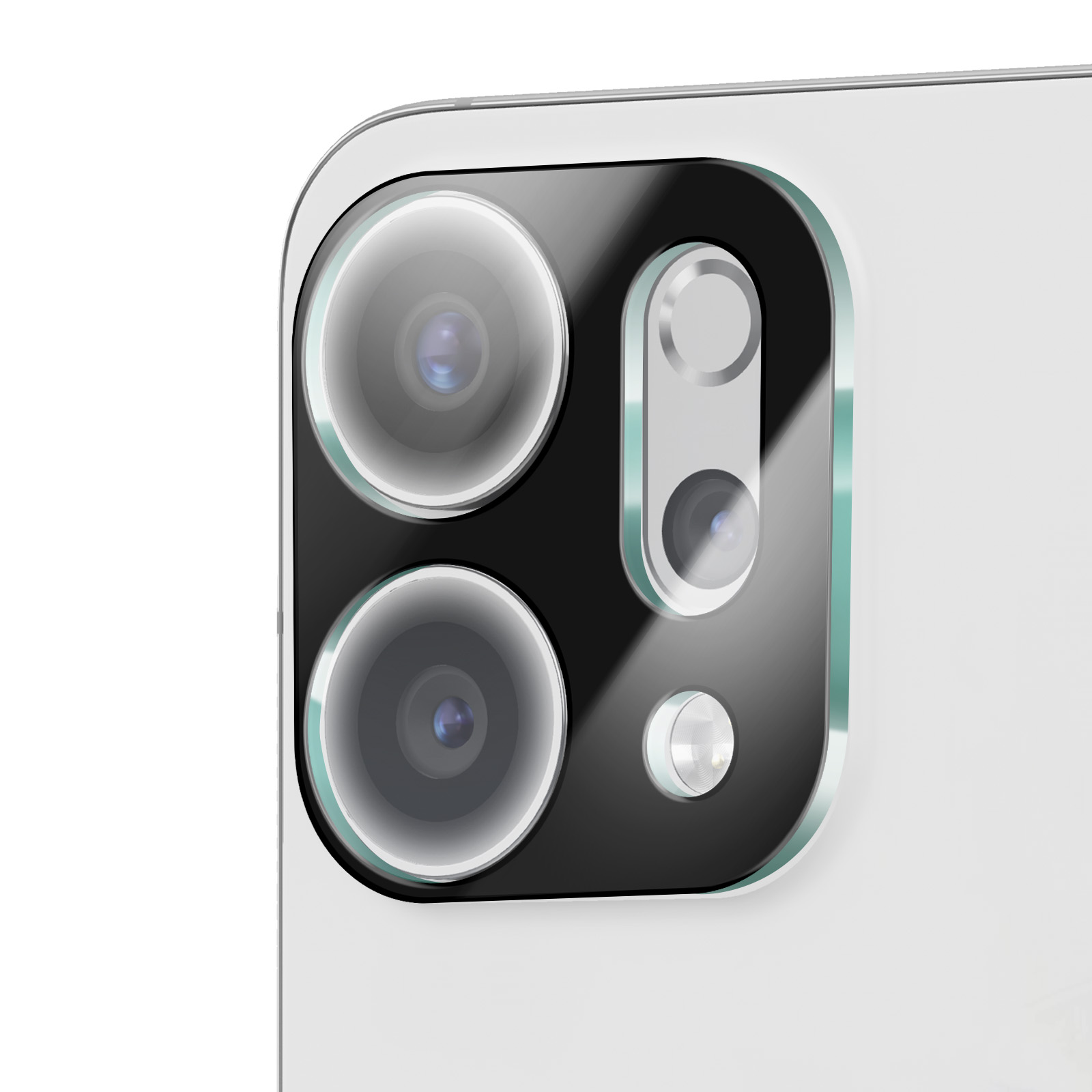 Close-up van een cameramodule van een smartphone. Het heeft meerdere lenzen en een flitser, op een wit telefoonoppervlak.