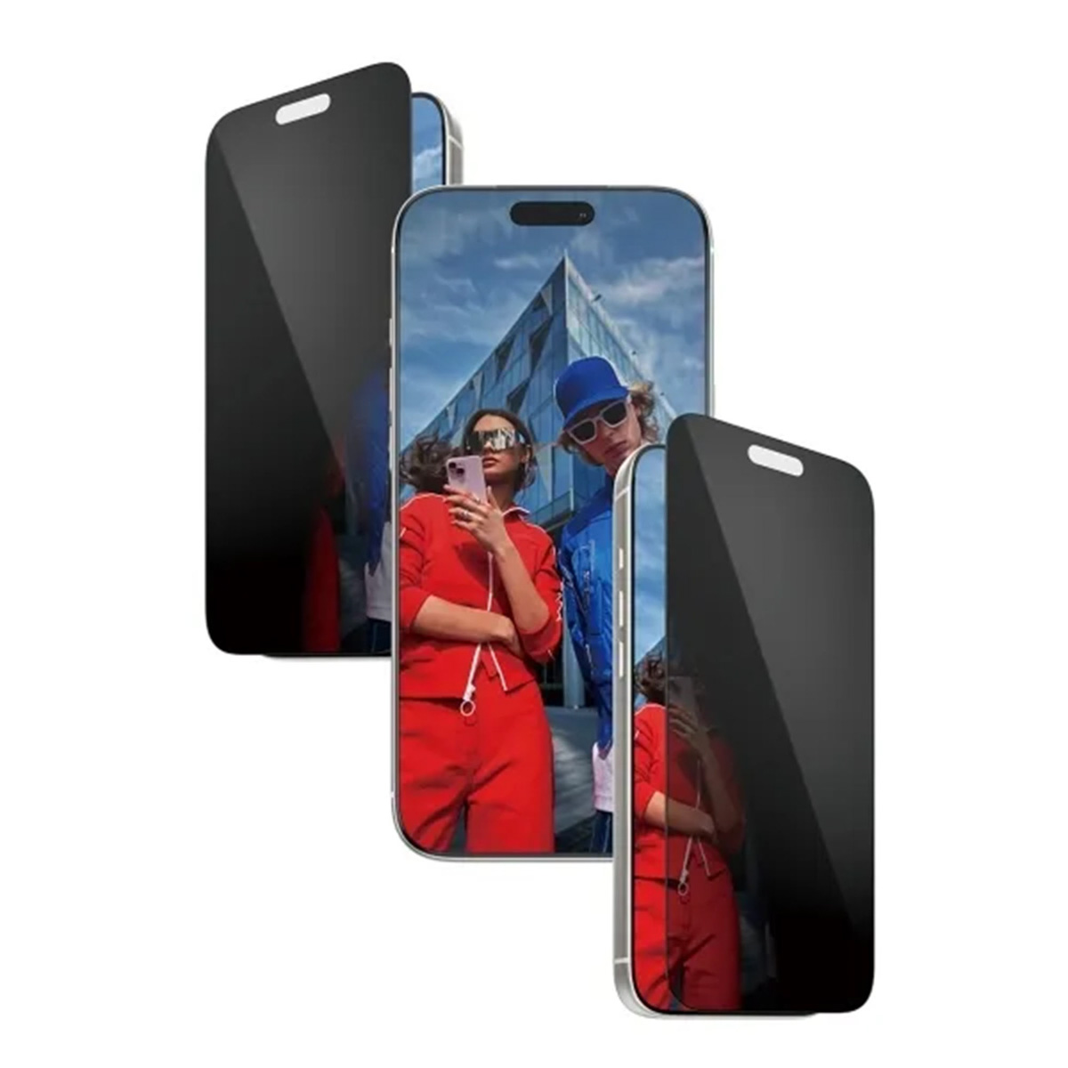Drie smartphones met schermbeschermers. Eén toont mensen, één een zwart scherm en een ander ook een zwart scherm.