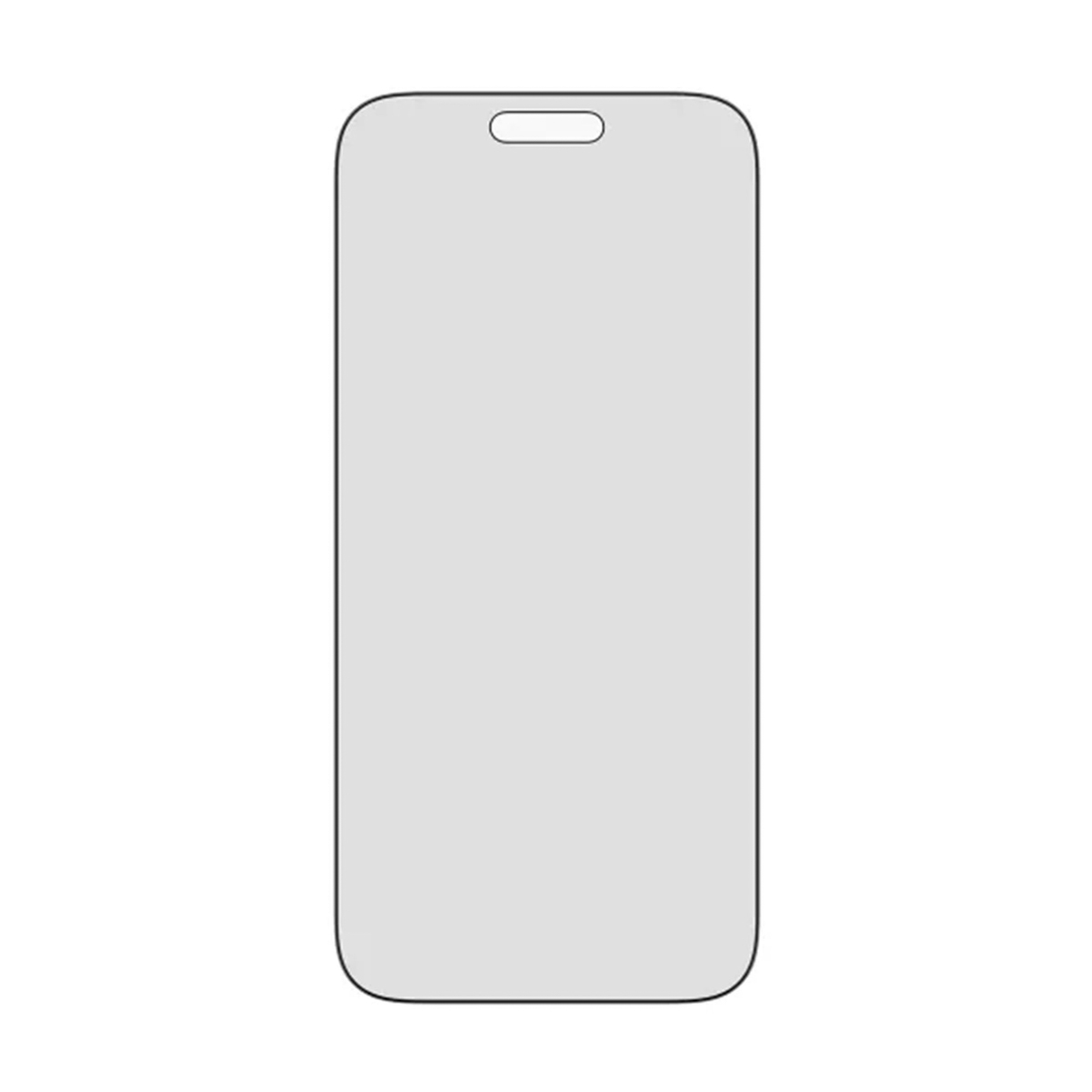 Een schermbeschermer voor een telefoon met afgeronde hoeken en een inkeping bovenaan. Het scherm is lichtgrijs, omlijnd met een zwarte rand.