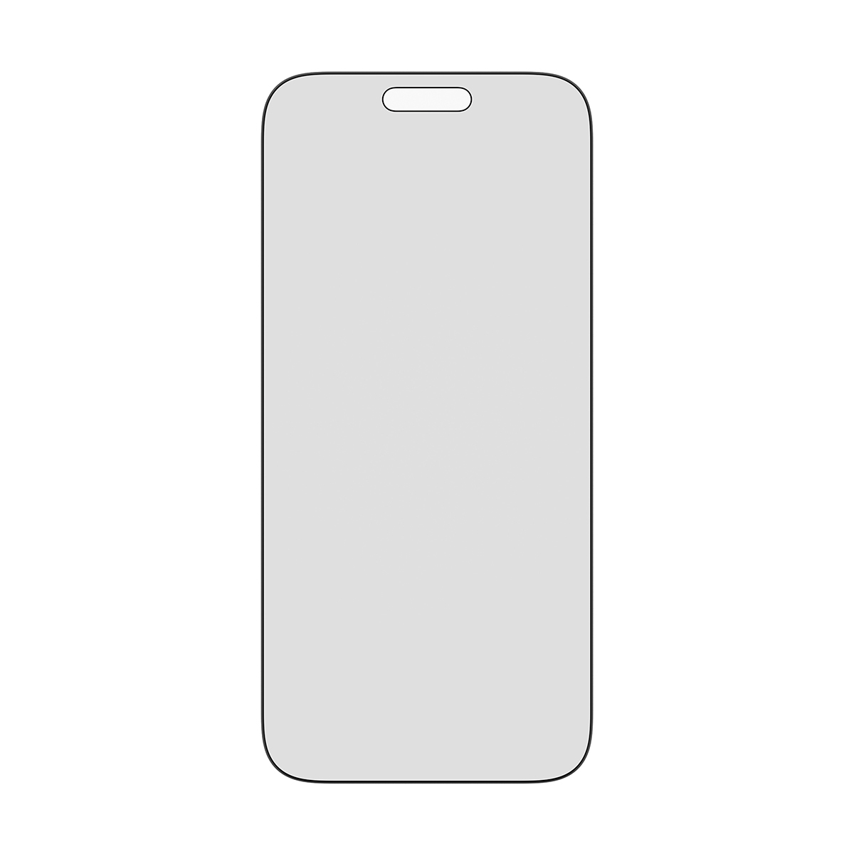 Een telefoonbeschermer met zwarte omtrek en camera-uitsparing bovenaan. De achtergrond is wit.