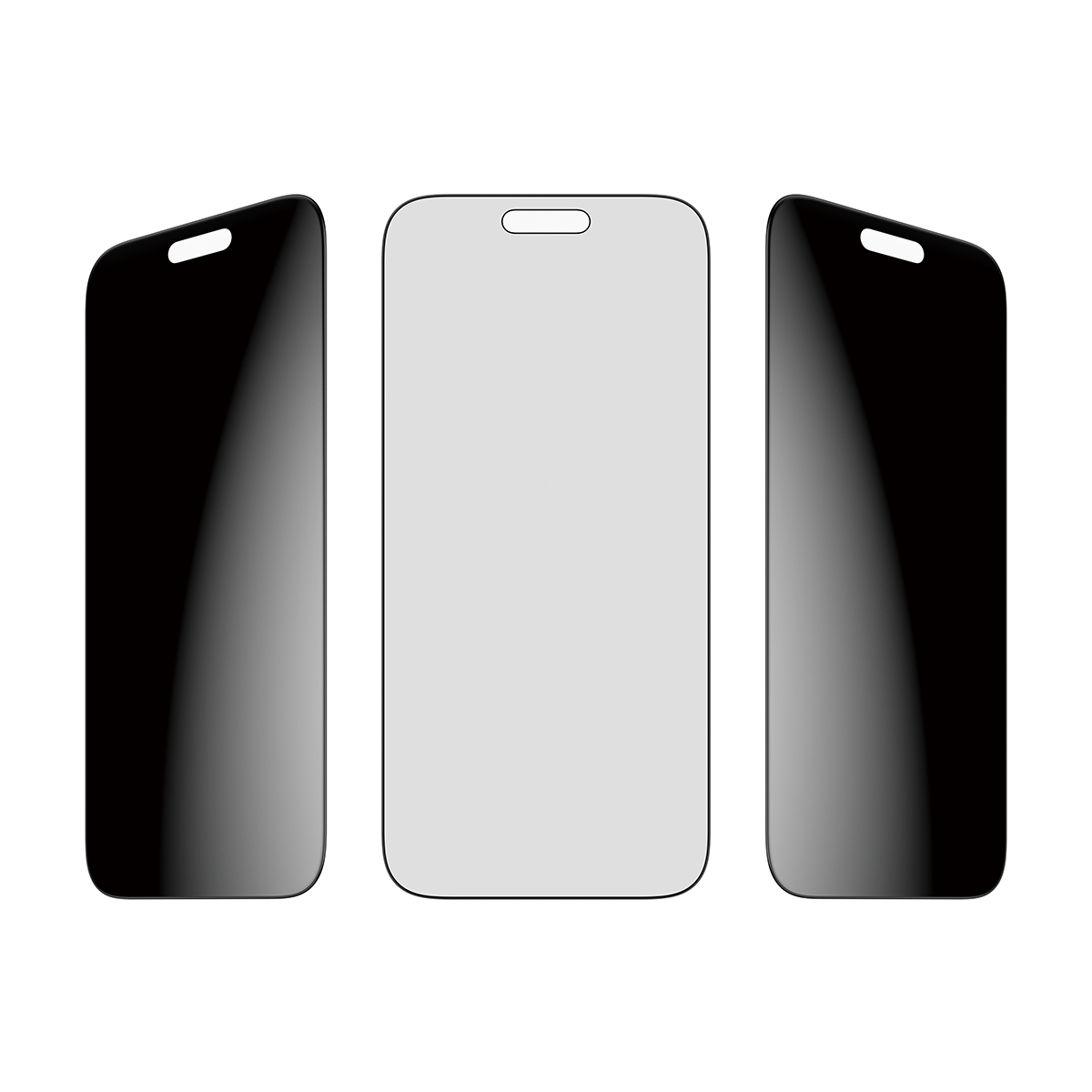 Drie smartphone screenprotectors. De middelste is grijs, de andere twee zijn zwart. Allemaal hebben ze een inkeping aan de bovenkant.