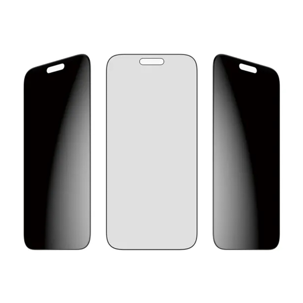 Drie smartphone screenprotectors. Eén in het midden is lichtgrijs. De andere twee zijn zwart en aan de zijkanten.