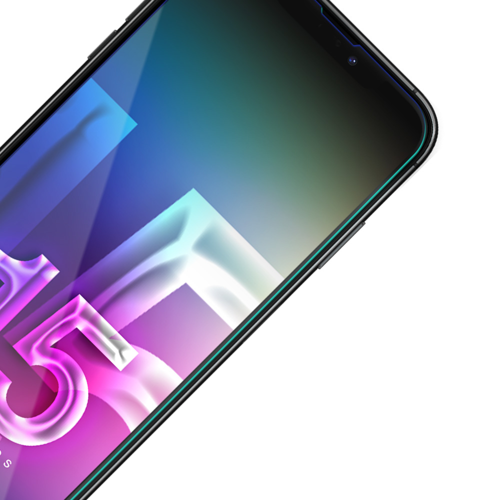 Een schermbeschermer voor smartphones. Display met een kleurengradiënt, waaronder paars, blauw en groen. Zwarte rand, witte achtergrond.