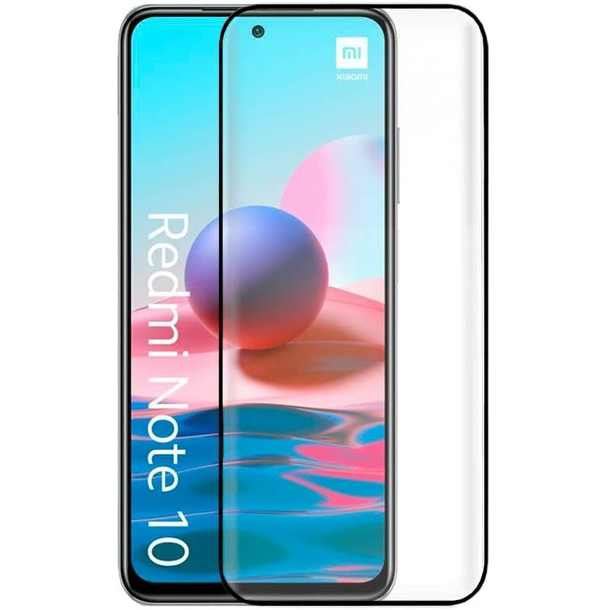 Uno smartphone con protezione schermo. Lo schermo mostra un'immagine colorata con una sfera. Le parole 'Redmi Note 10' sono visibili.
