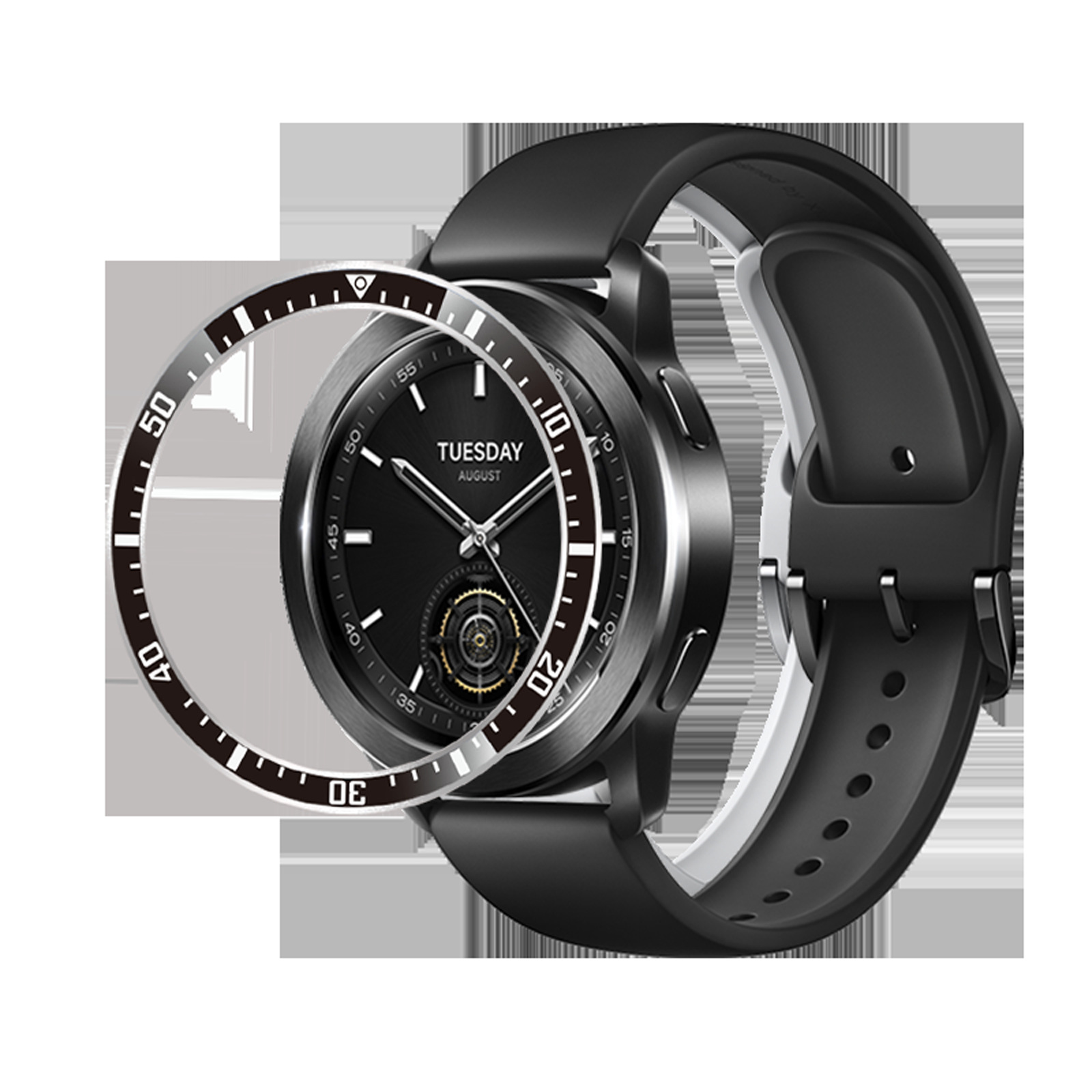 Uno smartwatch nero con cinturino nero. Il quadrante mostra il giorno e il mese. La lunetta è argentata con numeri.