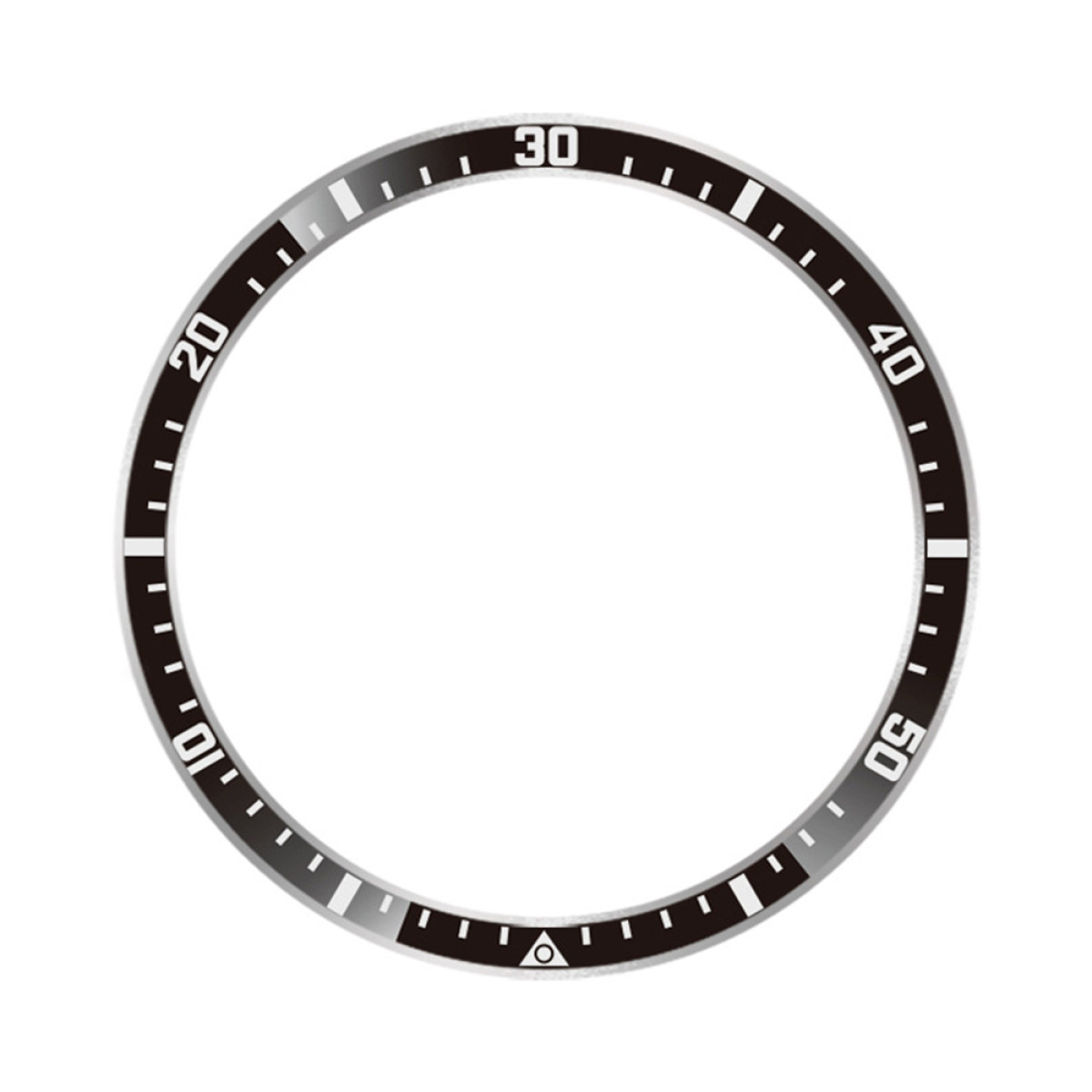 Una lunetta dell'orologio con numeri e indicatori. I numeri sono bianchi, lo sfondo è nero e grigio. La lunetta è circolare.