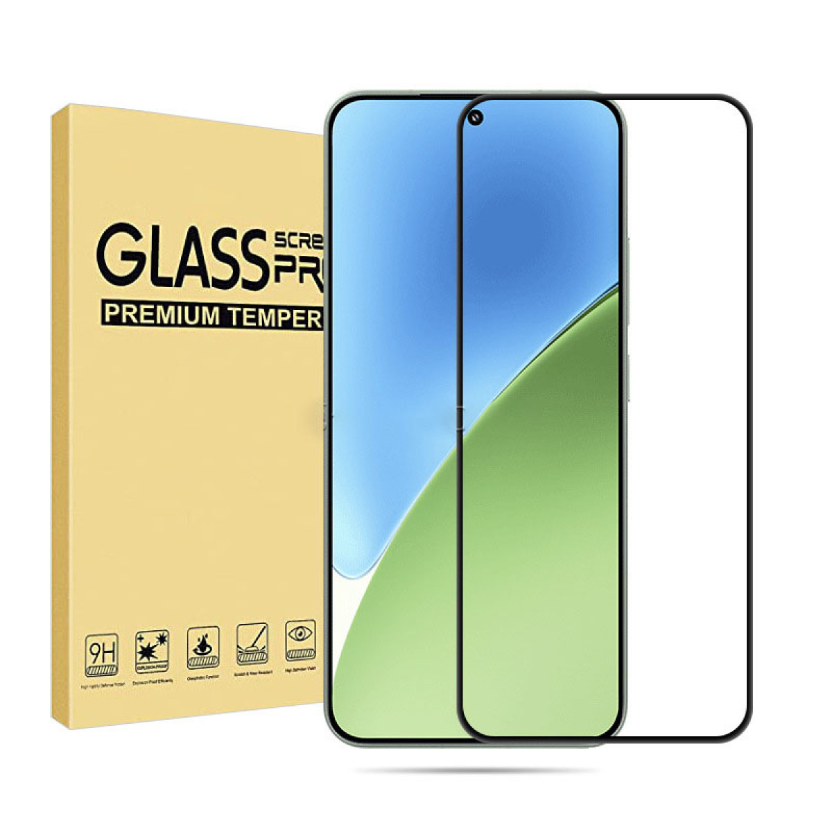 Ein Handy-Displayschutz und eine Box. Die Box ist beige mit schwarzem Text. Der Schutz befindet sich auf einem blau-grünen Bildschirm.