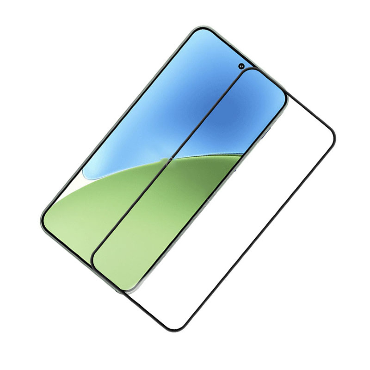 Zwei überlappende Displayschutzfolien. Eine hat einen blauen und grünen Farbverlauf. Die andere ist klar.