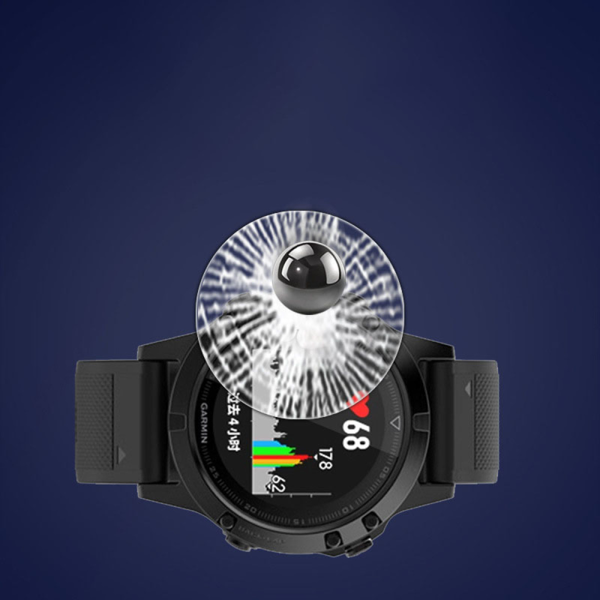 Un orologio Garmin nero mostra dati. Sopra c'è una sfera nera con linee radiali. Lo sfondo è blu sfumato.