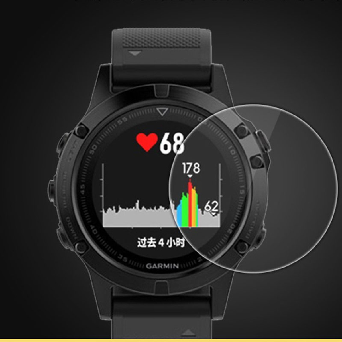 Uno smartwatch Garmin nero mostra la frequenza cardiaca a 68, con un grafico. Lo schermo mostra l'ora e altri dati.