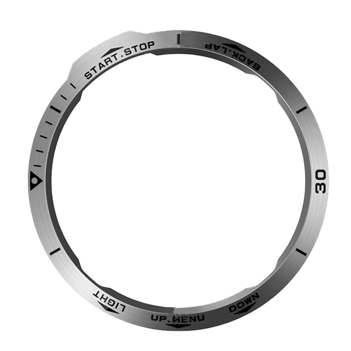 Una lunetta metallica per orologio con testo: START.STOP, BACK.LAP, LIGHT, UP.MENU, DOWN e il numero 30. Ha indicatori.