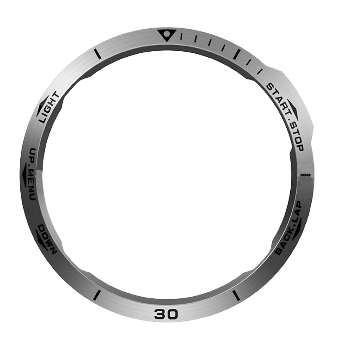 Una lunetta metallica per orologio con testo: luce, menu su, giù, 30, giro indietro, start stop. Sono presenti anche numeri e frecce.
