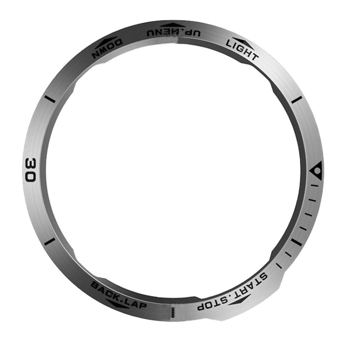 Un anello metallico con etichette: UP MENU, LIGHT, START STOP, BACK LAP, DOWN e 30. Ha una forma circolare con indicatori.