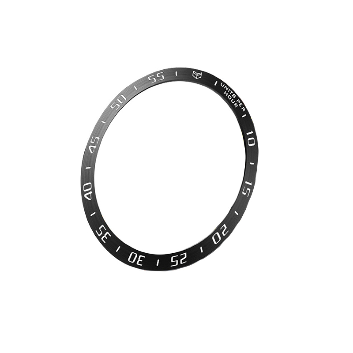 Lunetta nera dell'orologio con numeri e segni bianchi su sfondo bianco. I numeri includono 10, 15, 20, 25, 30, 35, 40, 45, 50, 55.