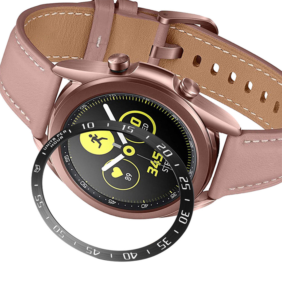 Smartwatch oro rosa con schermo nero che mostra metriche di fitness. Ha un cinturino in pelle rosa chiaro. La lunetta mostra i segni del tempo.