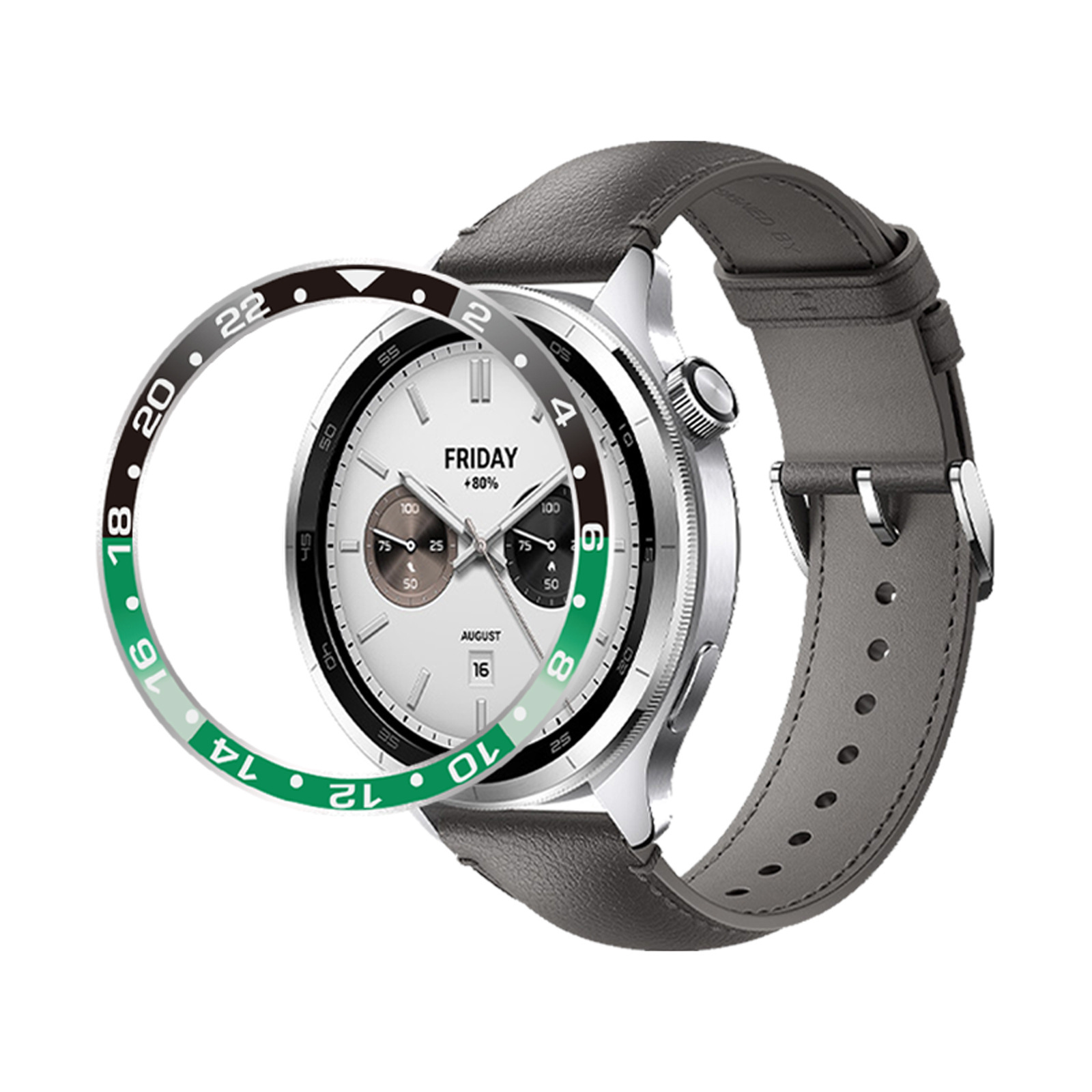 Silberne Smartwatch mit weißem Zifferblatt, schwarzer und grüner Lünette und grauem Lederarmband. Zeigt Freitag, 16. August.