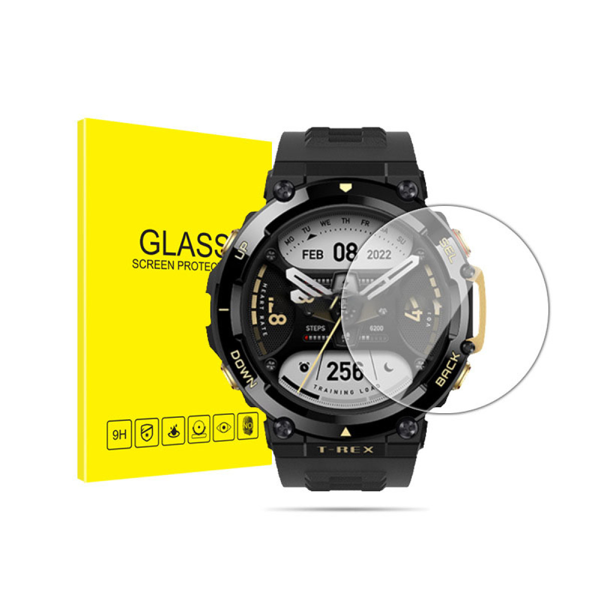 Uno smartwatch nero con protezione schermo e scatola gialla, mostra 8 febbraio 2022. L'orologio mostra passi e carico di allenamento.