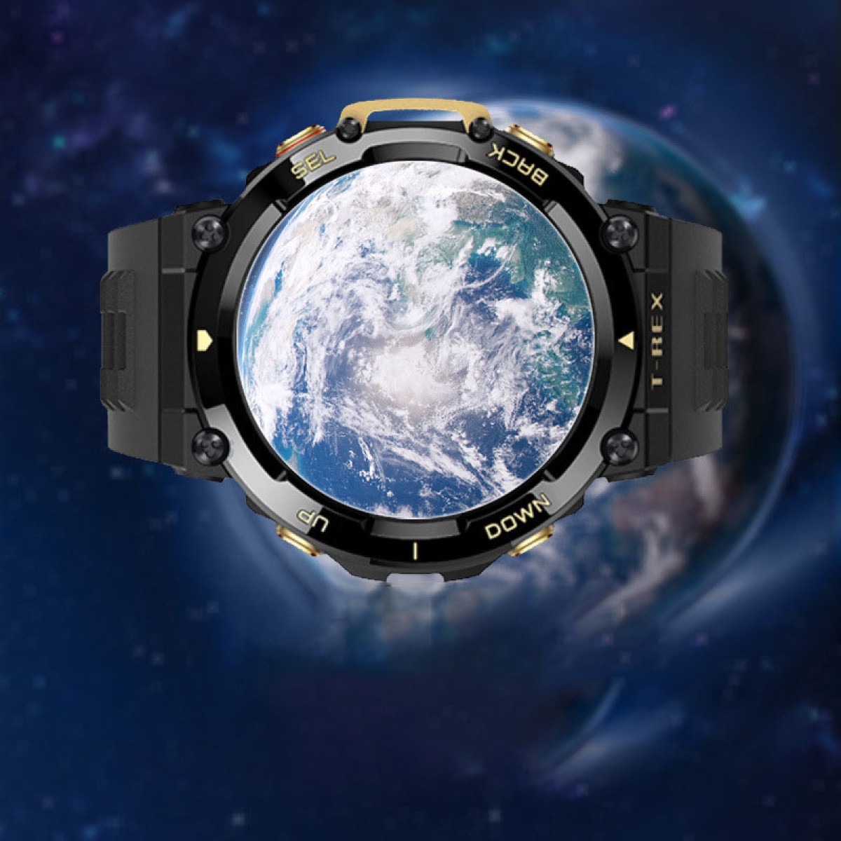 Uno smartwatch nero con la Terra come display. Lo sfondo mostra lo spazio. L'orologio ha dettagli dorati e la scritta 'T-REX'.