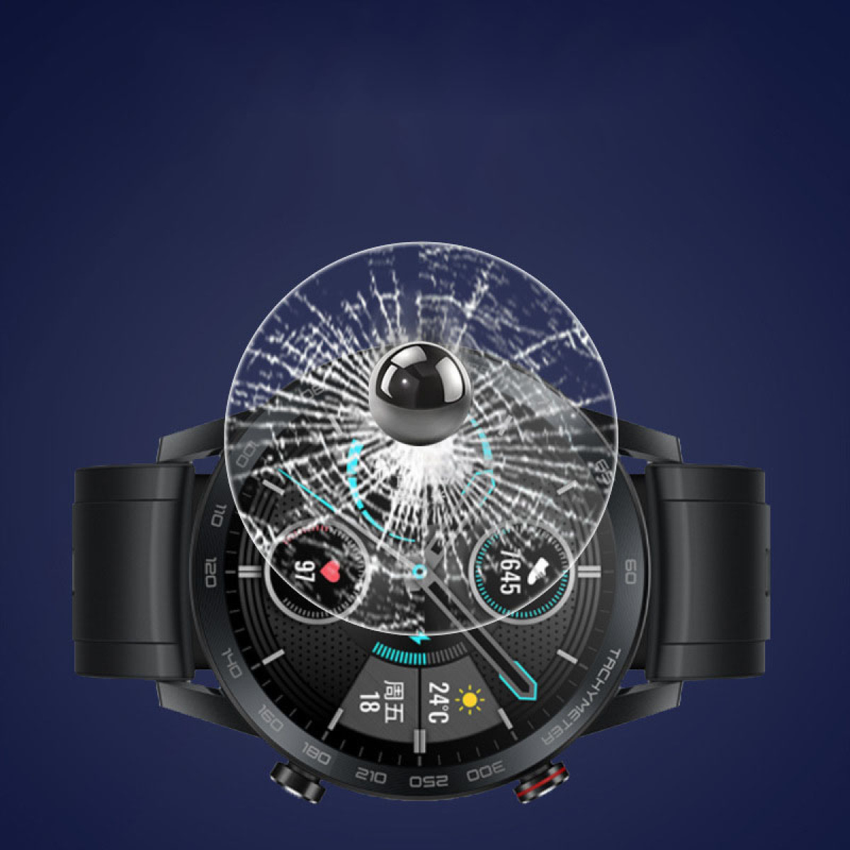 Uno smartwatch nero con una protezione schermo rotta. Una sfera grigio scuro al centro. Il quadrante mostra dati.