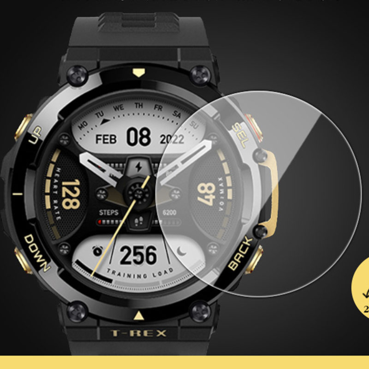 Primo piano di uno smartwatch nero con protezione schermo trasparente. Mostra metriche come frequenza cardiaca, passi e data.