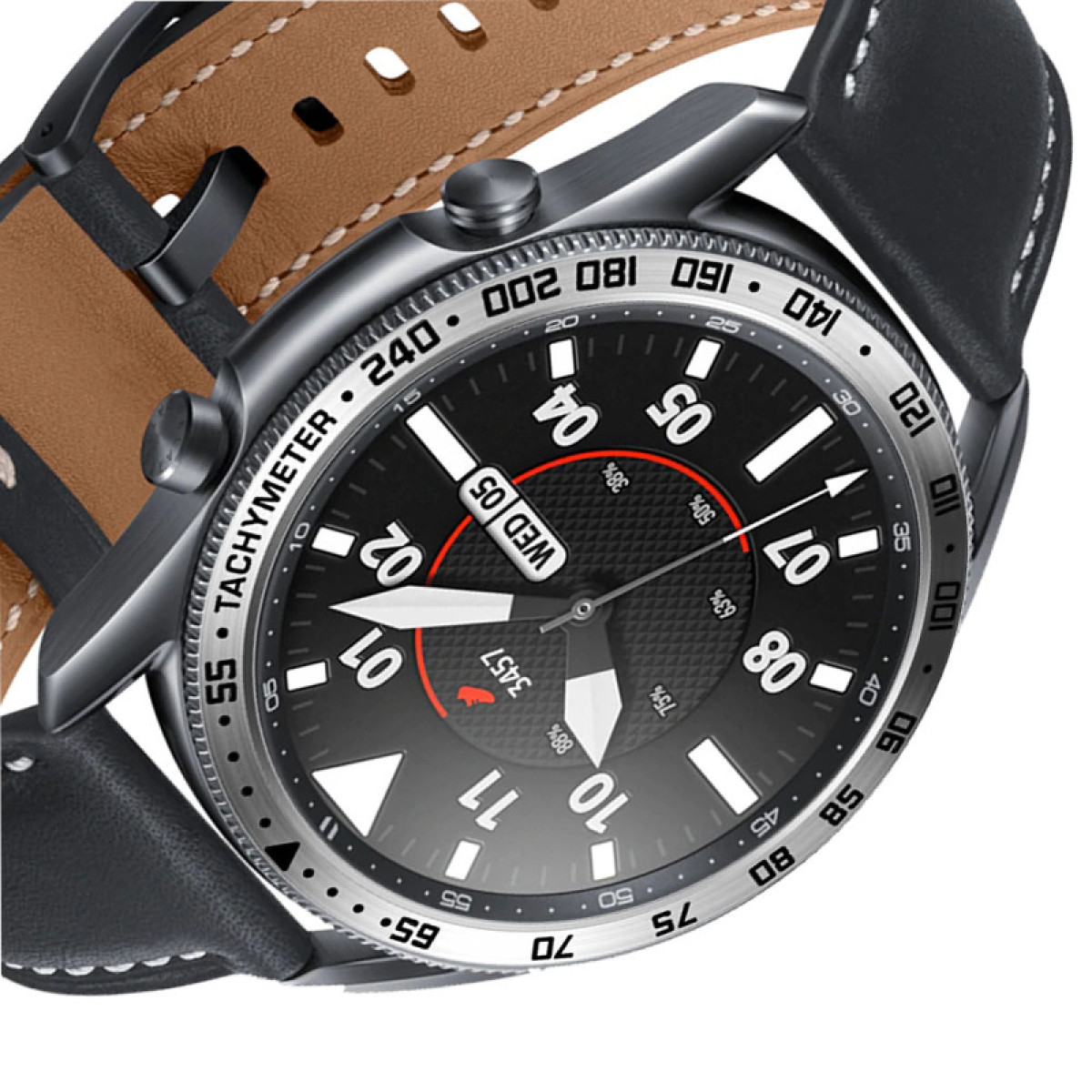 Primo piano di uno smartwatch con quadrante nero, indicatori bianchi e cinturino in pelle. L'orologio mostra la data e l'ora.