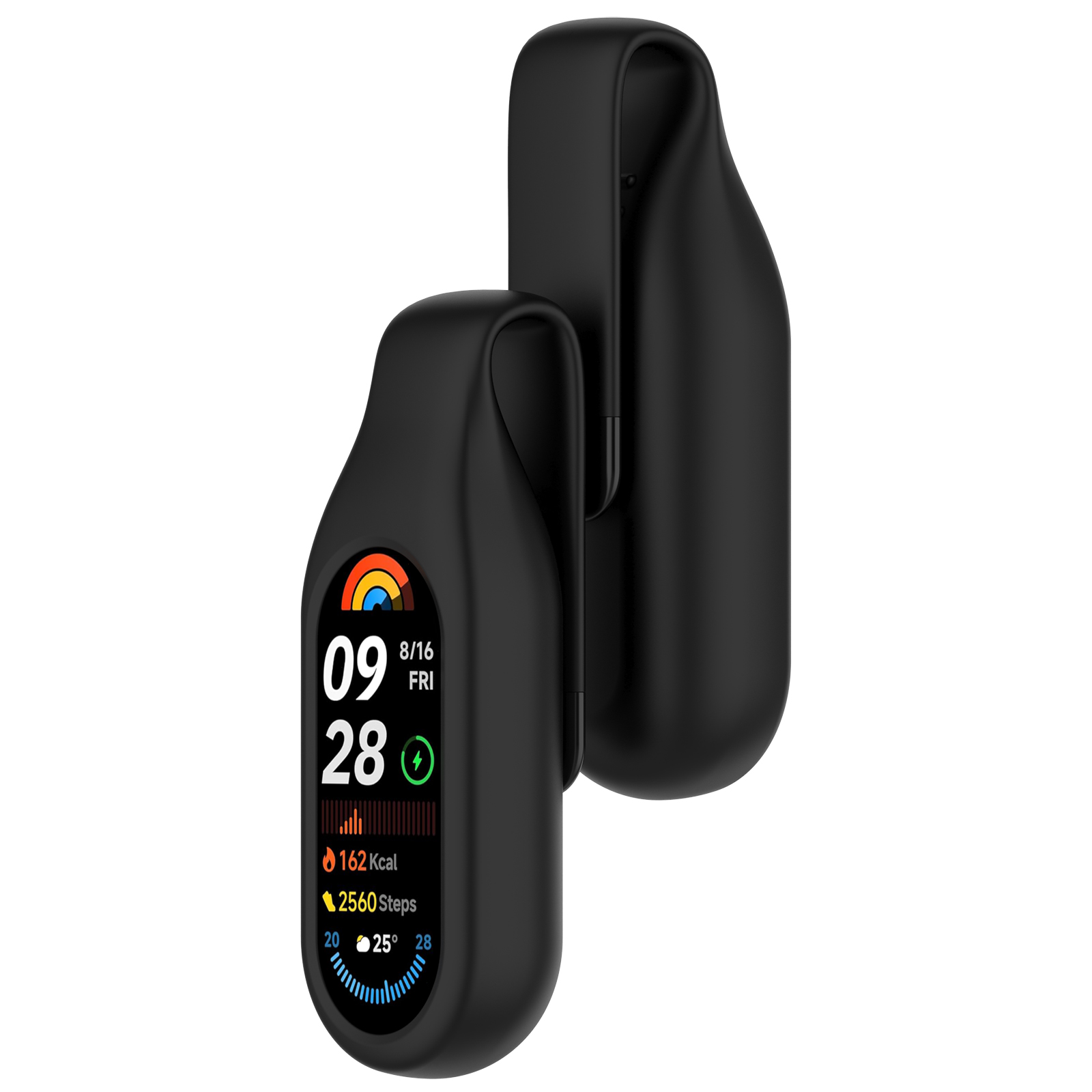Due fitness tracker neri. Quello a sinistra mostra data, ora, passi e calorie. Sfondo bianco.