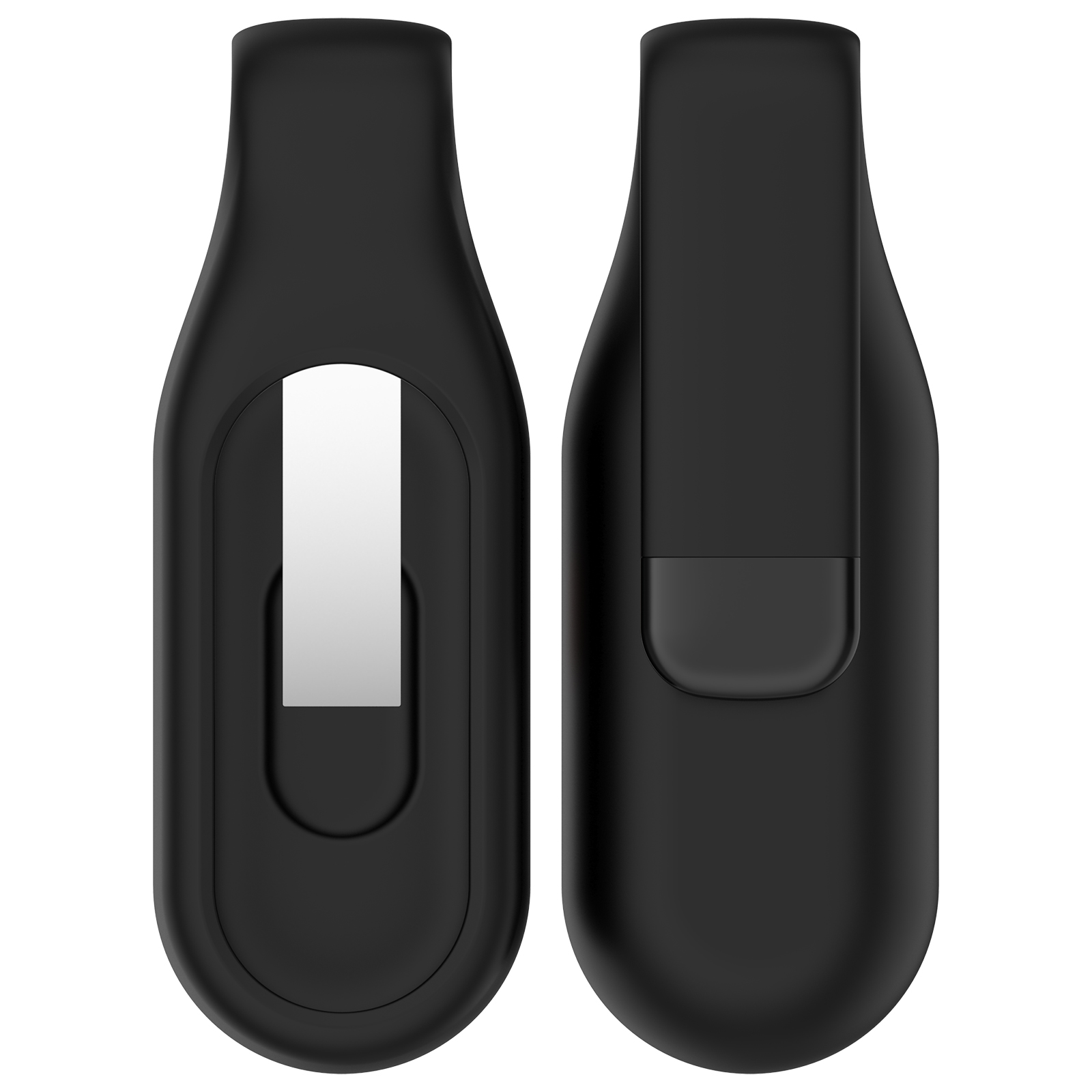 Due componenti neri di un fitness tracker. Uno ha un inserto argentato. L'altro ha un'indentazione curva.