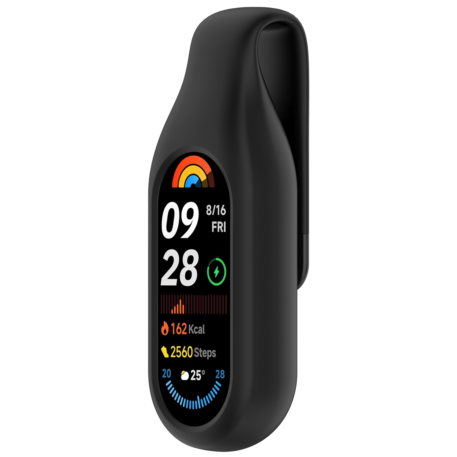 Fitness tracker nero con schermo. Visualizza ora, data, calorie, passi e temperatura.