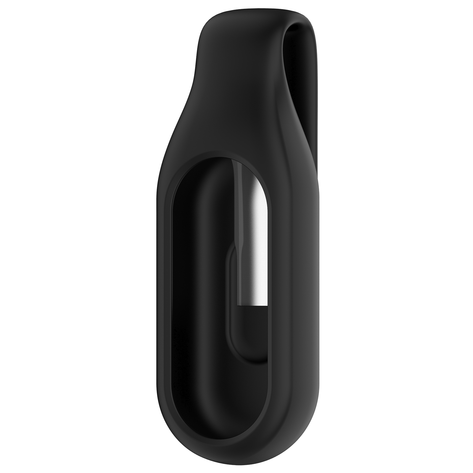 Un supporto nero per un fitness tracker, con un design aperto. Un componente argento è parzialmente visibile.