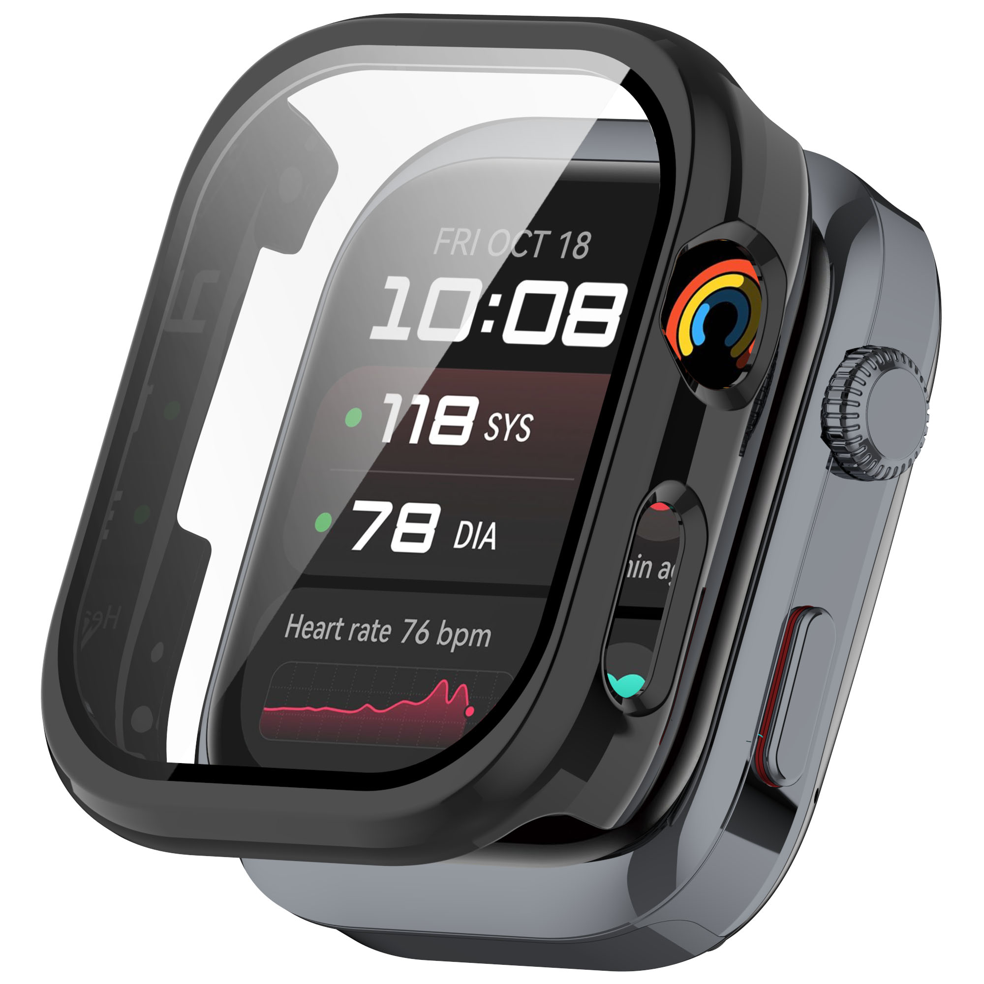 Smartwatch z czarną obudową i ekranem wyświetlającym czas, tętno i metryki zdrowotne, z osłoną ochronną.