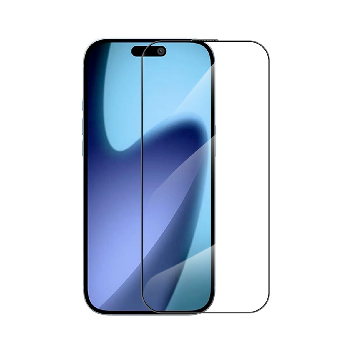 Uno smartphone con protezione schermo. Lo schermo mostra una sfumatura blu. La protezione è trasparente, con bordo nero.