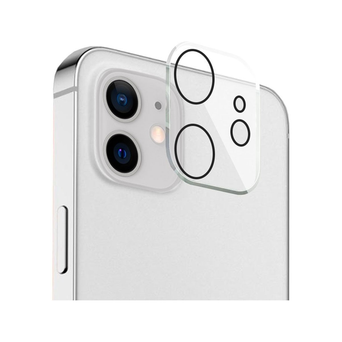 Uno smartphone bianco con una configurazione a doppia fotocamera. Un proteggi obiettivo trasparente è posizionato accanto alle fotocamere. Lo sfondo è bianco.