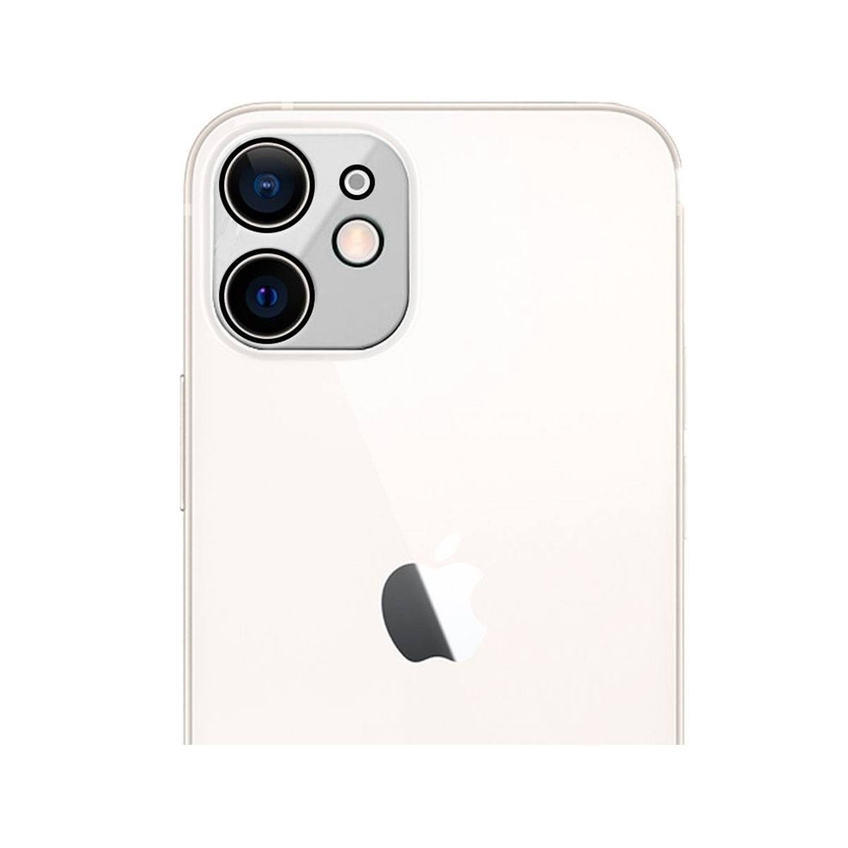 Primo piano del retro di un iPhone bianco. Presenta un modulo fotocamera con tre lenti e il logo Apple.