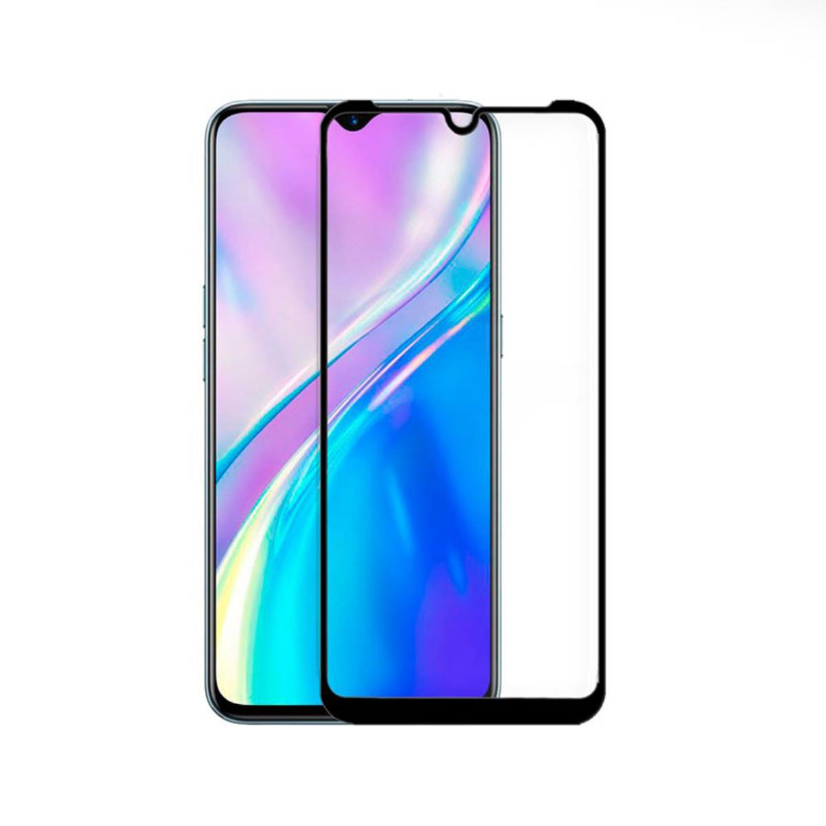 Uno smartphone con protezione schermo. Lo schermo mostra un'immagine astratta colorata con toni blu e viola.