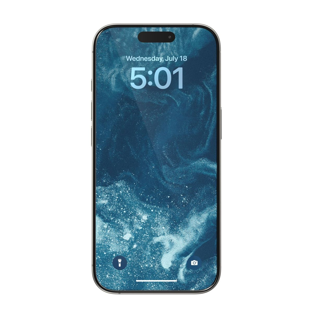 Uno smartphone mostra uno sfondo blu astratto. L'ora è 5:01 di mercoledì 18 luglio. Icone in basso.
