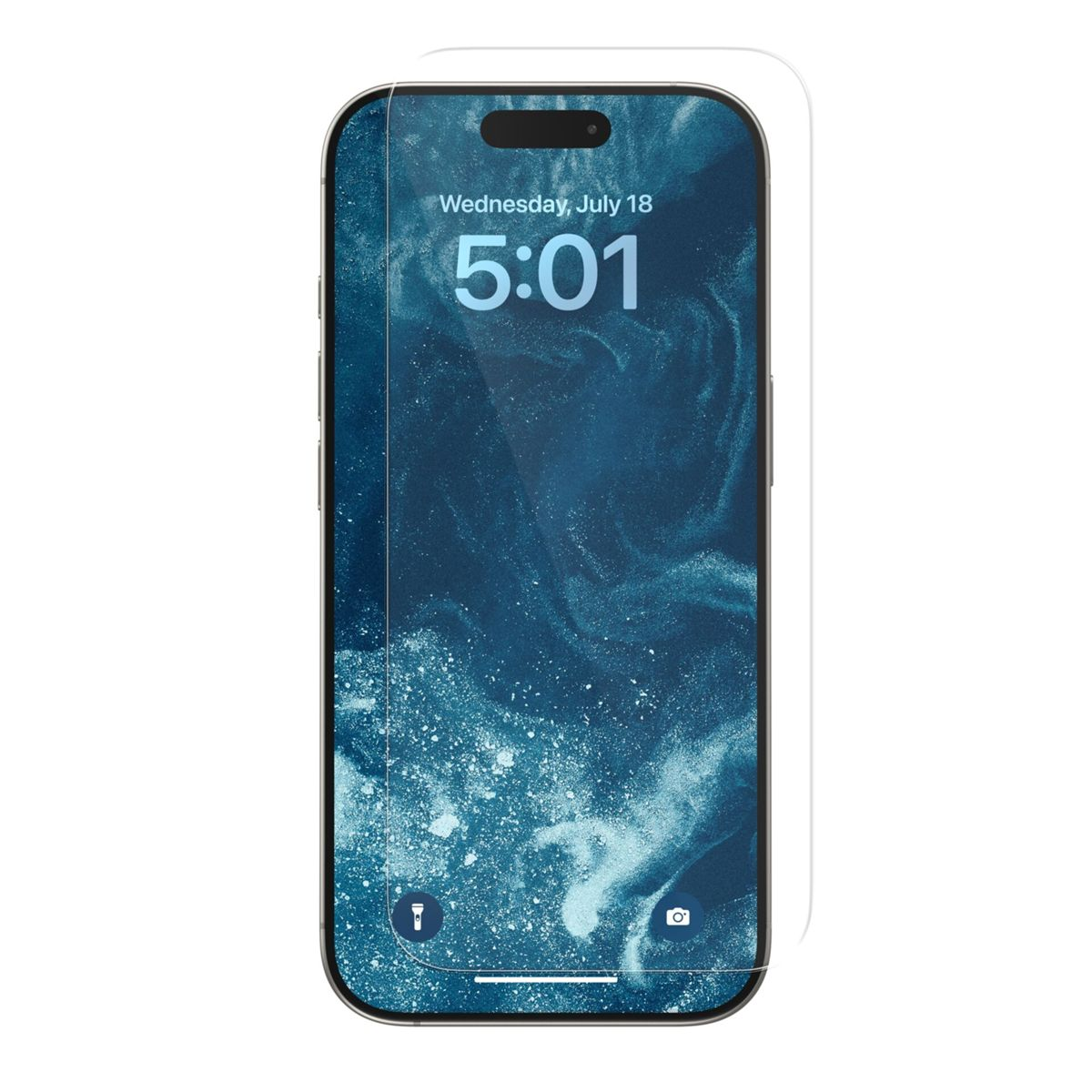 Lo schermo di uno smartphone mostra l'ora e la data. Lo sfondo presenta un design blu astratto.