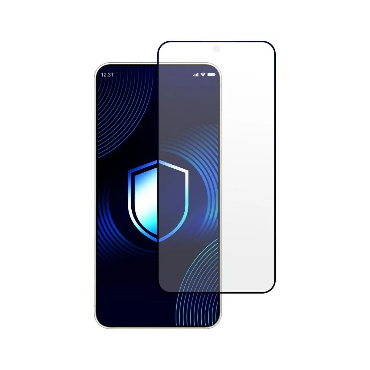 Uno smartphone con protezione schermo. Lo schermo mostra un'icona a scudo. Lo sfondo è bianco.