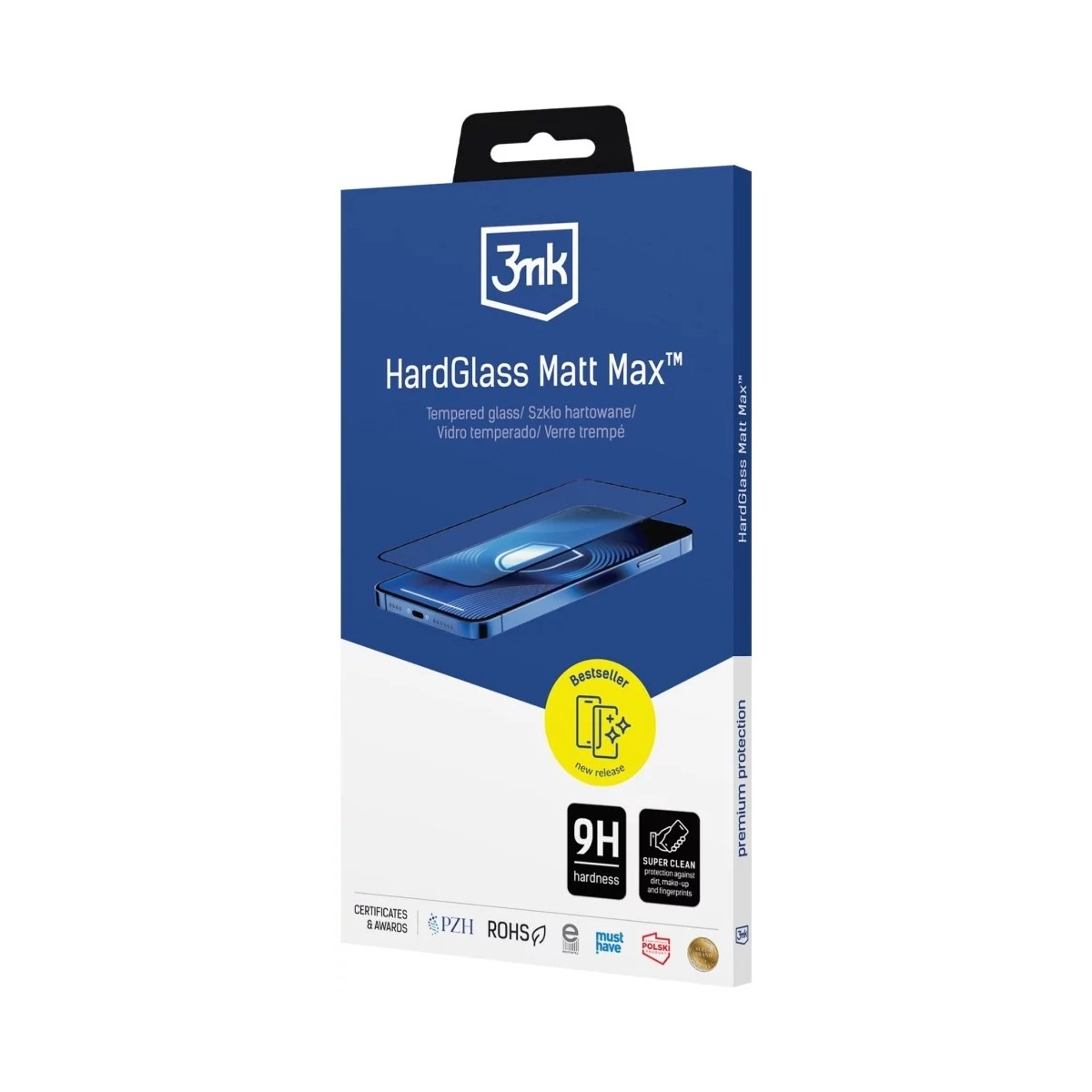 Scatola di protezione schermo 3mk HardGlass Matt Max. Mostra un telefono e dettagli su durezza e pulizia. Colori blu e bianco.