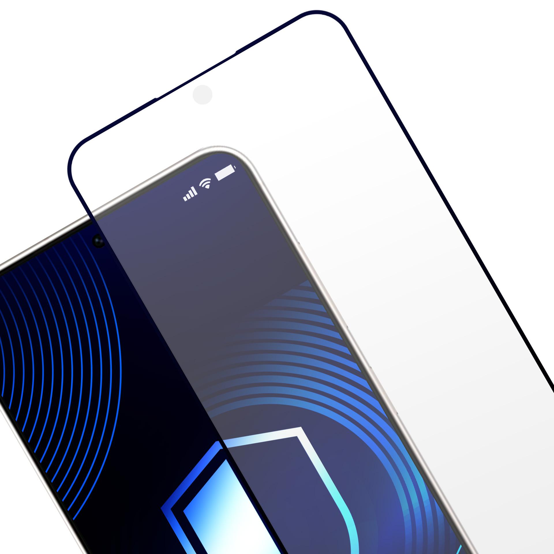 Uno smartphone con protezione schermo. Lo schermo mostra barre del segnale e sfondo bianco. La protezione è trasparente.