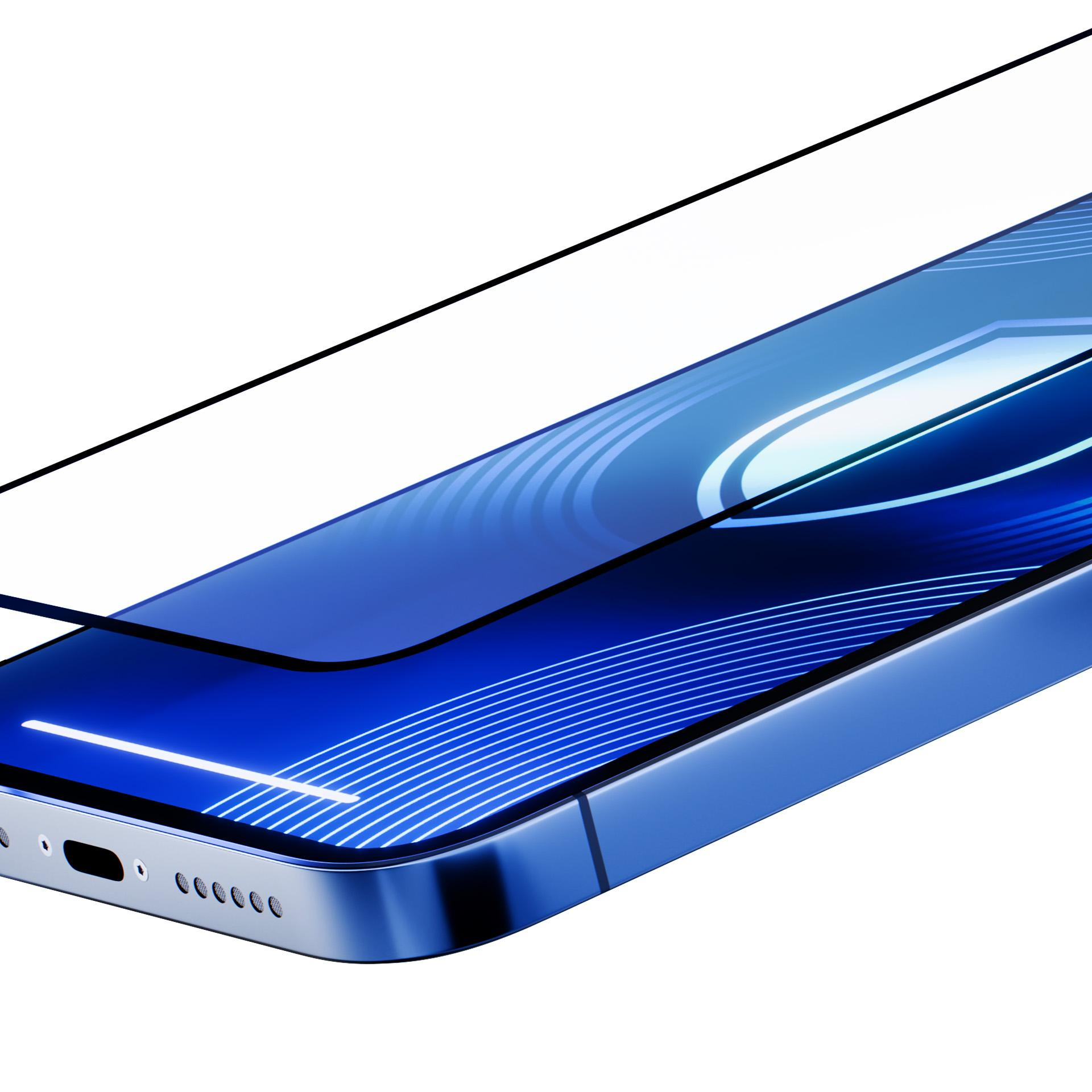 Uno smartphone blu con protezione schermo è mostrato in prospettiva. Lo schermo ha un design bianco.