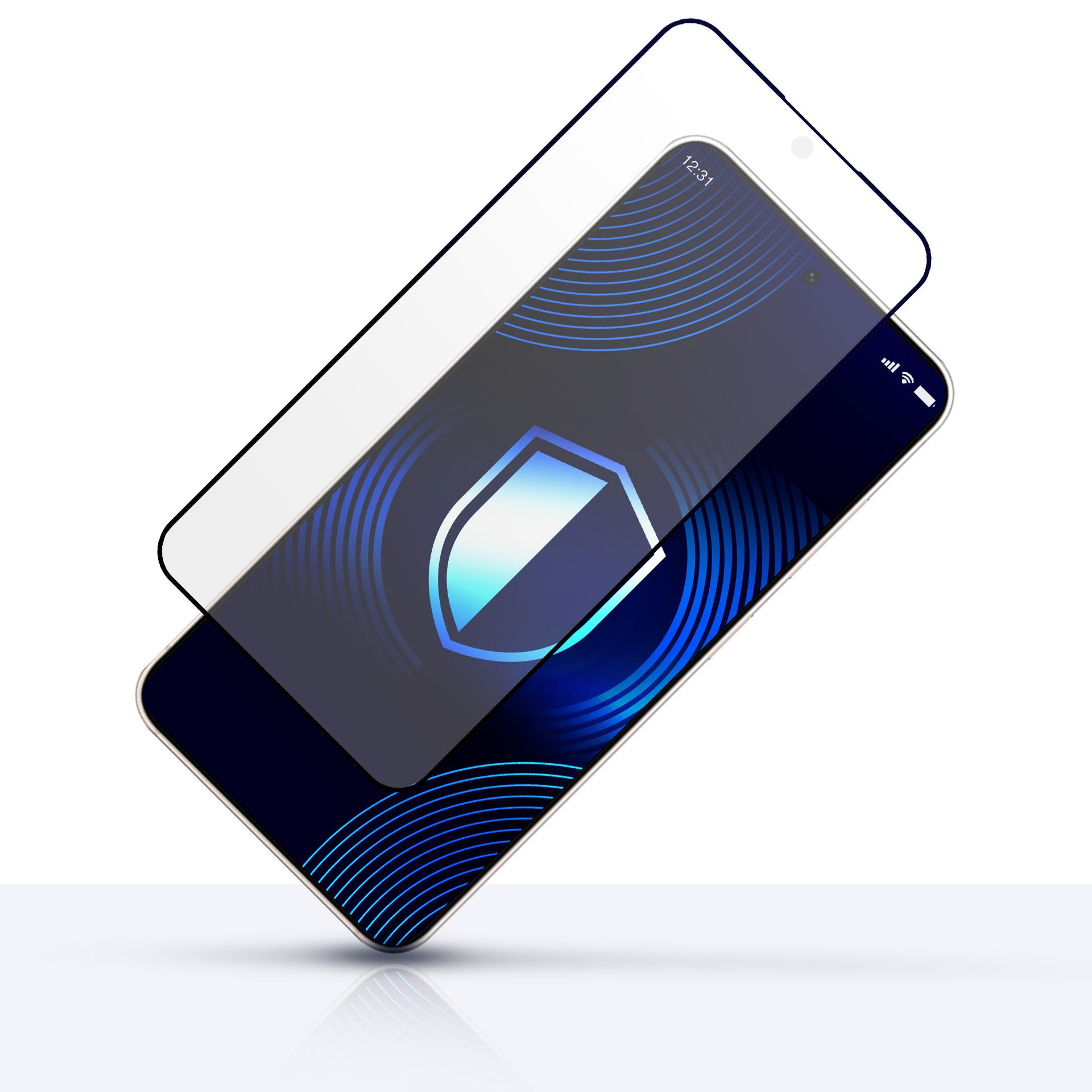 Uno smartphone con protezione schermo. Lo schermo mostra un logo a scudo. Lo sfondo è bianco.
