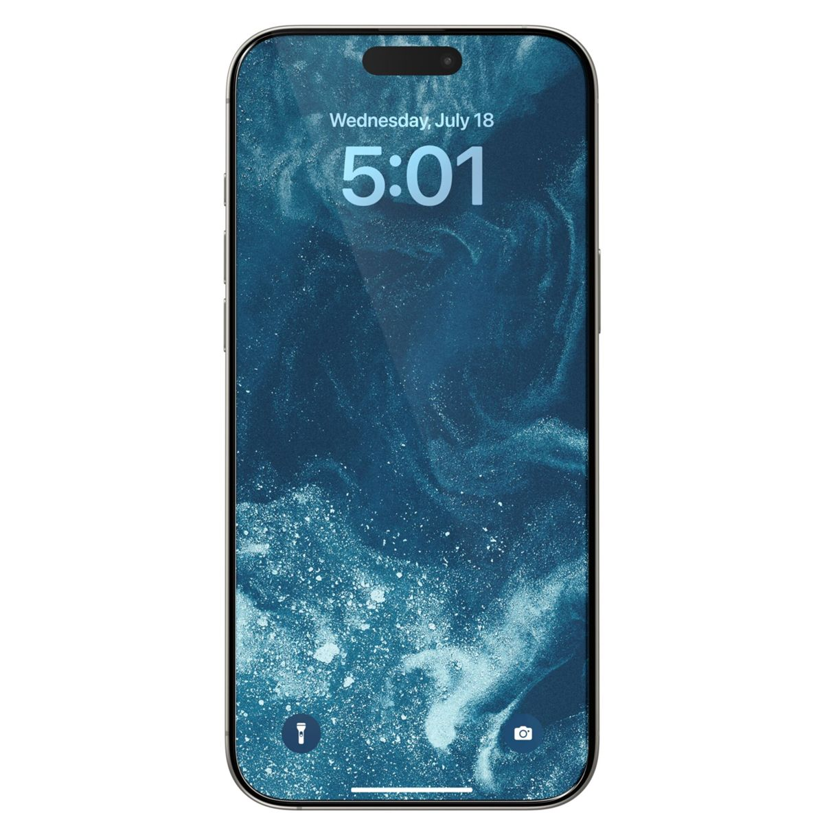 Uno smartphone mostra uno sfondo blu astratto, con ora e data. Lo schermo ha un notch.
