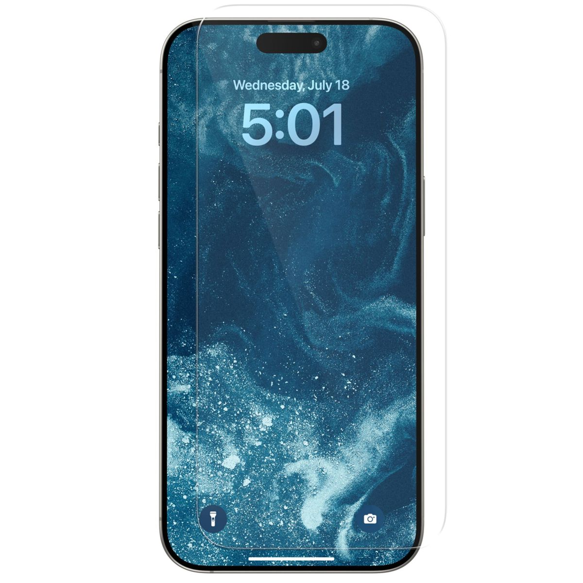 Lo schermo di uno smartphone mostra uno sfondo blu astratto, l'ora 5:01 e la data mercoledì 18 luglio. È applicata una protezione schermo.