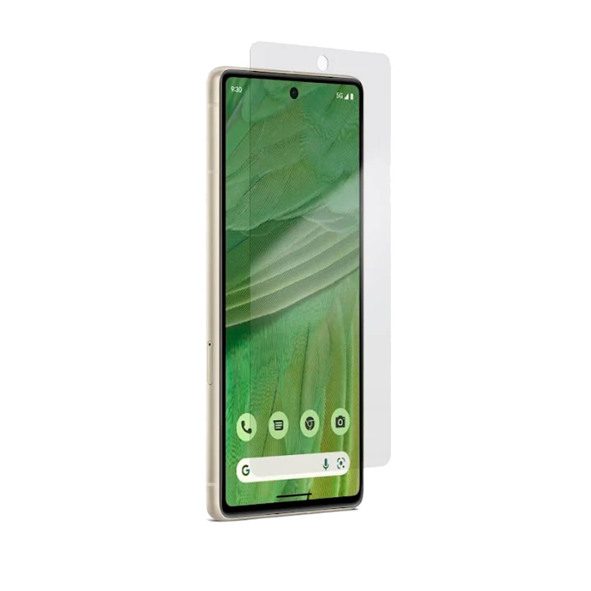 Uno smartphone dorato con protezione schermo. Lo schermo mostra un motivo verde, con icone app in basso. La protezione è trasparente.