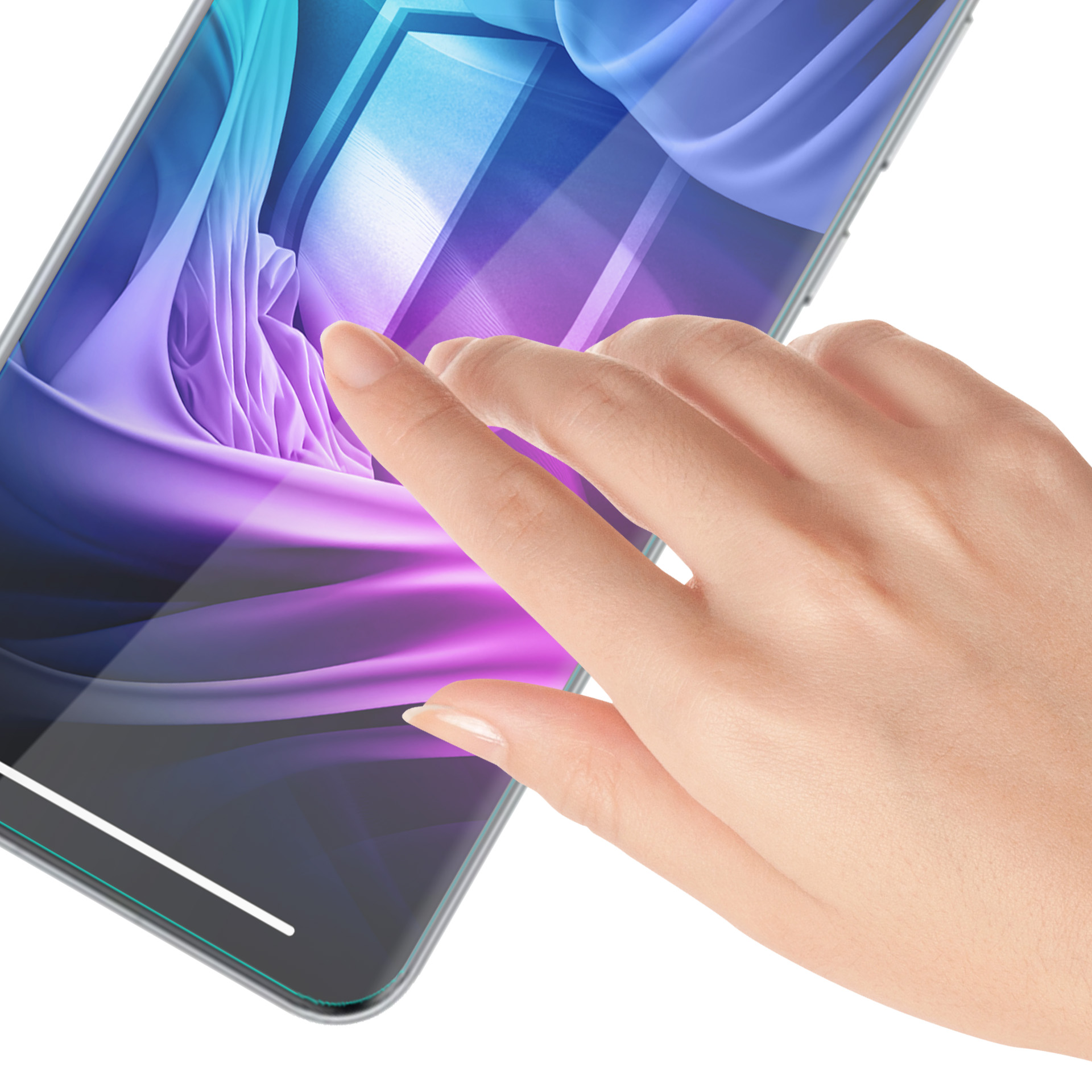 Dłoń dotyka ekranu smartfona. Ekran wyświetla fioletowy i niebieski abstrakcyjny wzór. Białe tło.