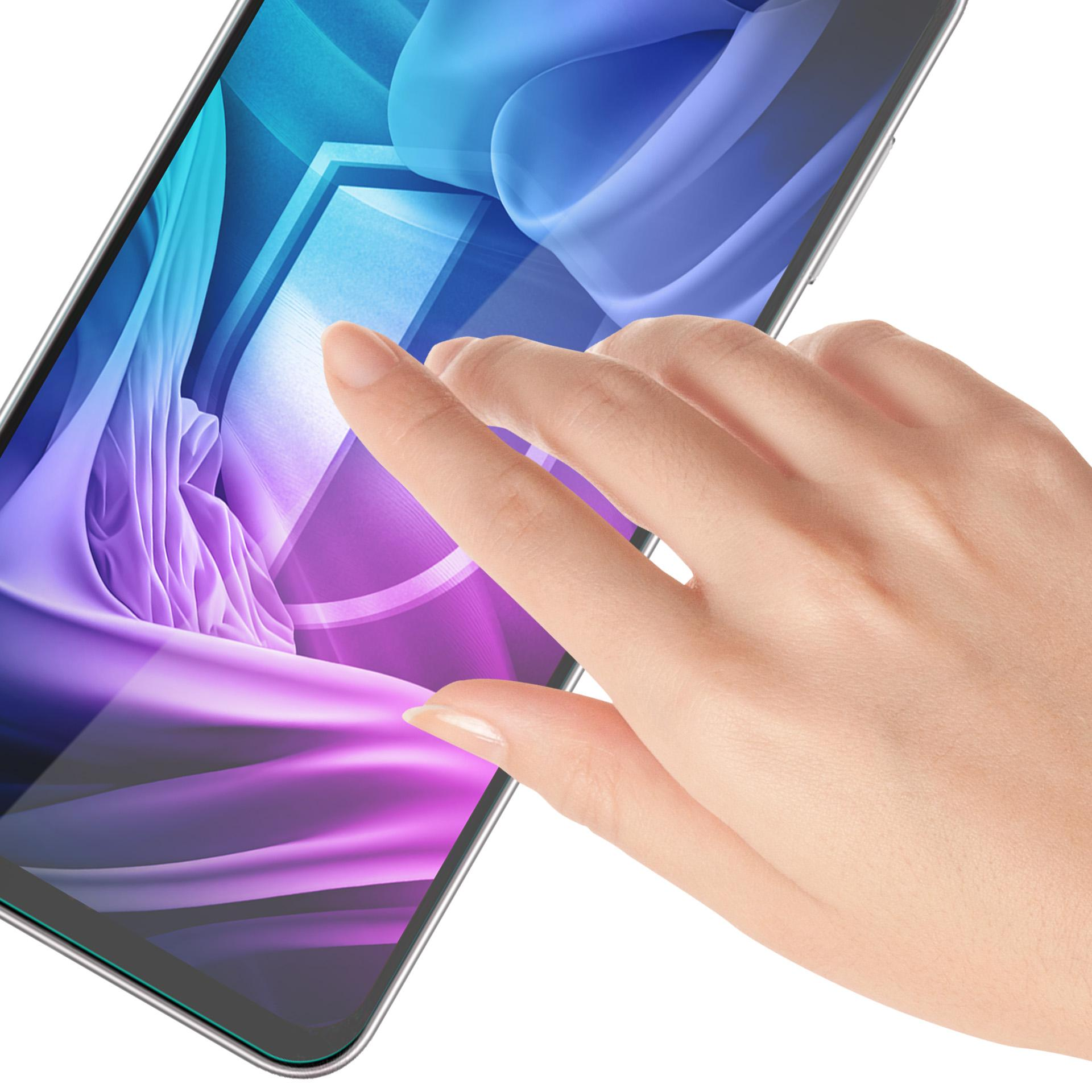 Dłoń dotyka ekranu telefonu. Ekran wyświetla kolorowy, abstrakcyjny wzór. Białe tło.