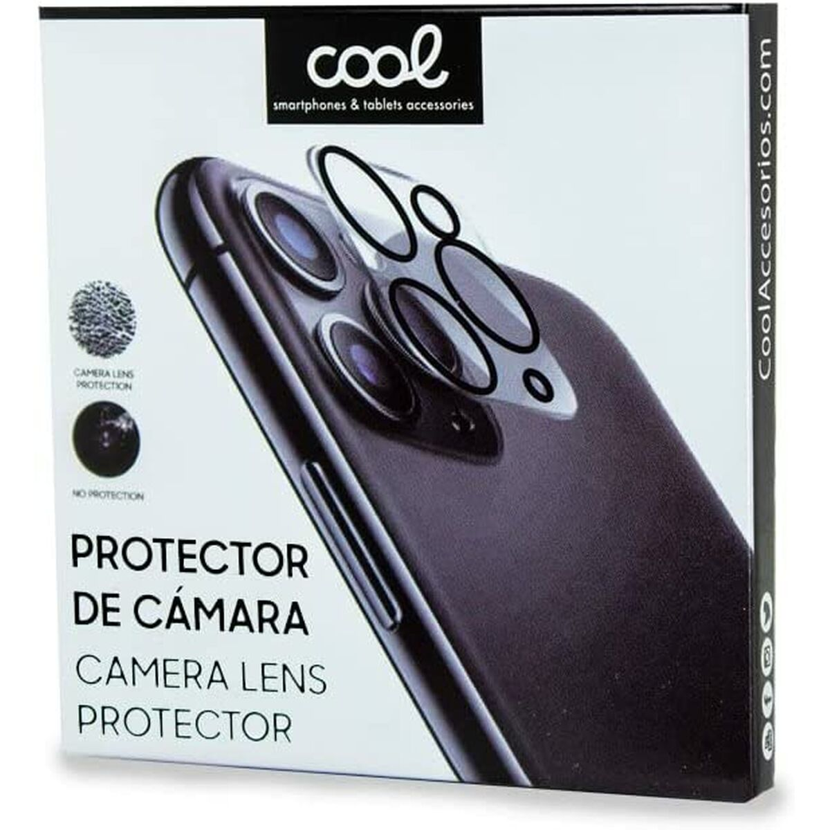 Scatola che mostra un telefono con protezione lente. Il testo include 'PROTECTOR DE CÁMARA' e 'CAMERA LENS PROTECTOR'. Il marchio è 'cool'.