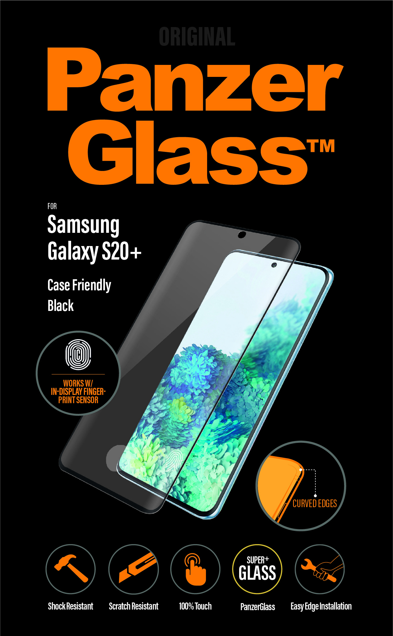 Protezione schermo Panzer Glass nera per Samsung Galaxy S20+. Resistente agli urti, ai graffi e facile da installare.